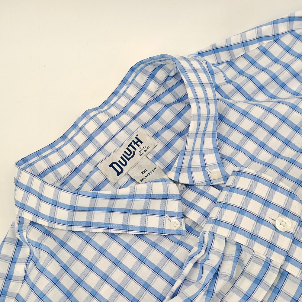 Duluth Trading Co Button Down Shirt Mens 2XL Blue White Plaid Relaxed Fit Cotton